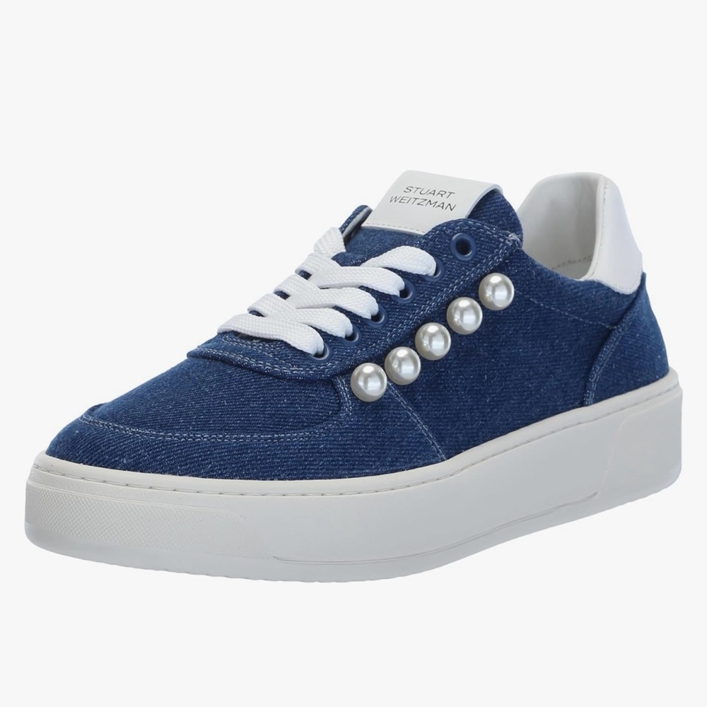 Stuart Weitzman Denim Pearly Stud Low-Top Sneakers sz 10